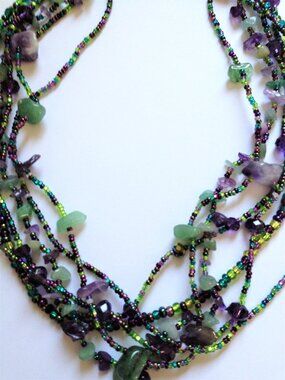 18" Czech Glass Bead GREEN, BROWN, PURPLE  Necklace